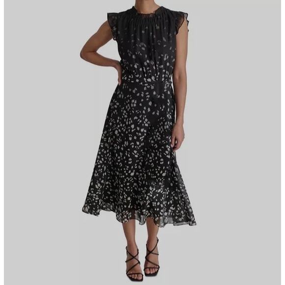 NWT DKNY Black Floral Swiss Dot Mock Neck Flutter Sleeve Midi Dress SZ 10 - Picture 1 of 8